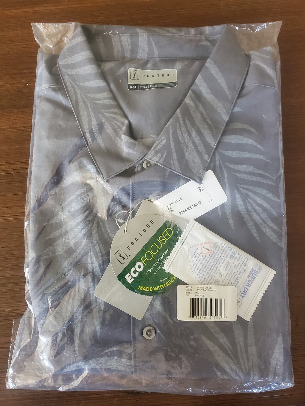New W/ Tags PGA Tour Men's Light Gray Leaf-Print Short Sleeve Button-Down Shirt